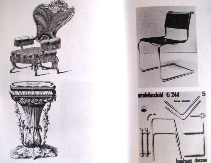 From top left- Cantilever tubular steel char (1928), Dismountable chair (1929), Ornate table (1851), Upholstered chair (1851). From "The Dialectics of Seeing" pp. 298-9.