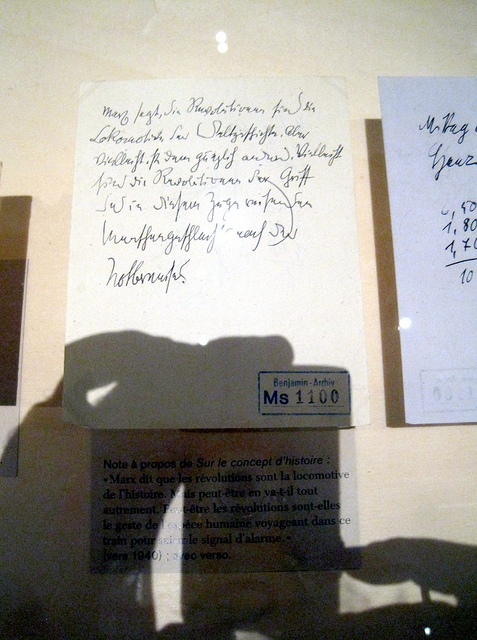 Photo of Notes for Thesis on the Philosophy of History, MAHJ exhibit."Medieval Karl" (Karl Steel) 